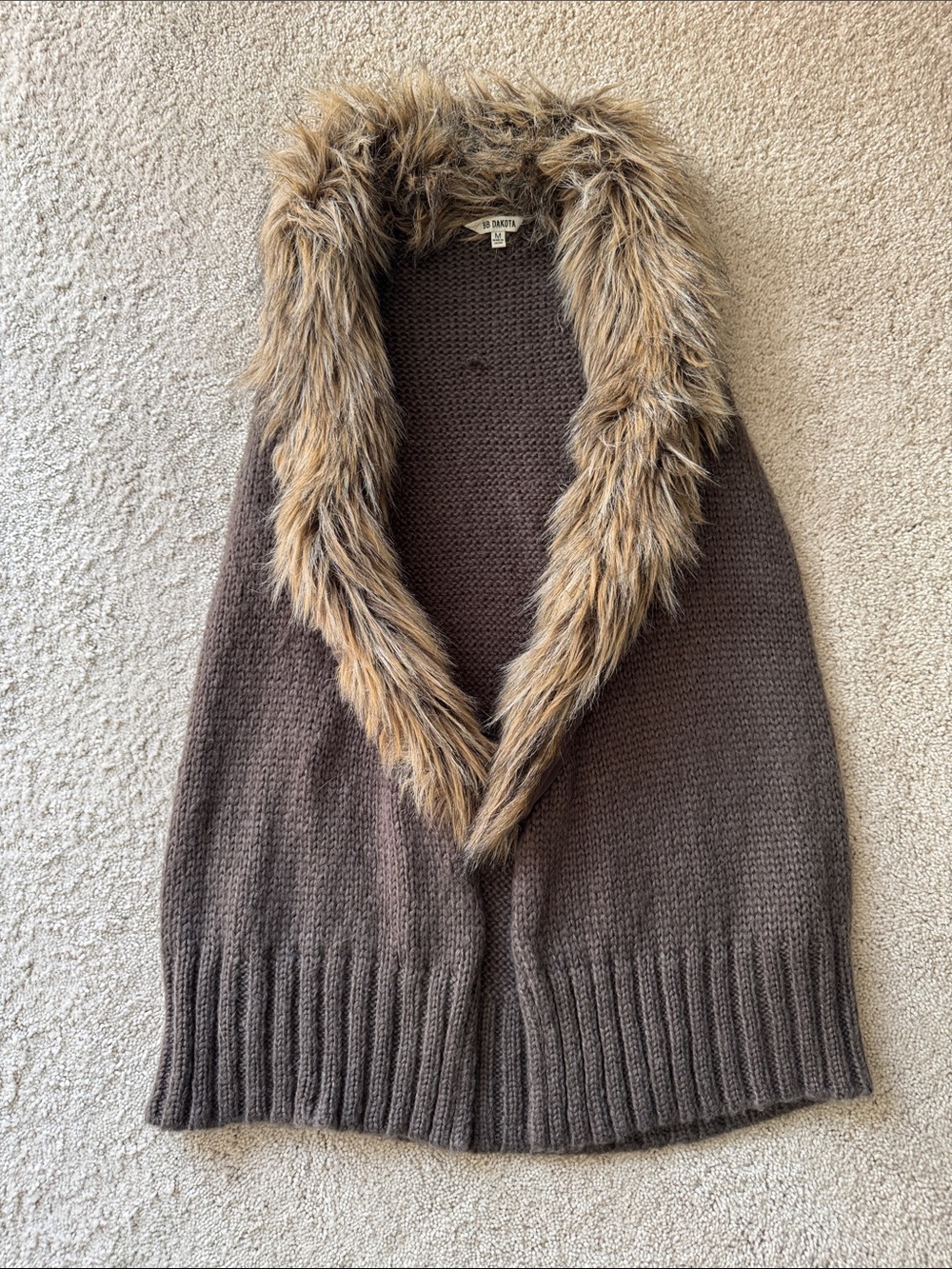 BB Dakota Brown Knit Vest with Faux-Fur Shawl Collar